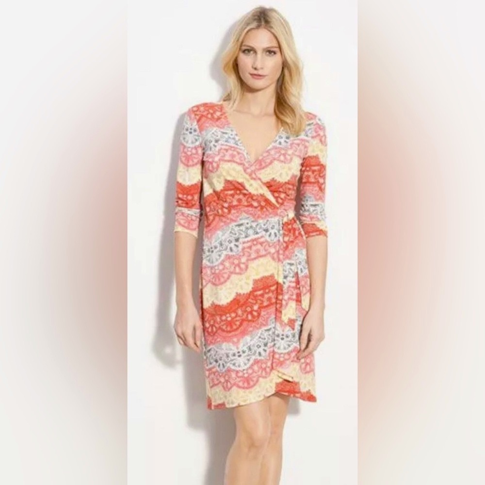 BCBG Multicolor Patterned Midi Wrap Dress! Summer Dress!Vintage Boho Vibe! LG